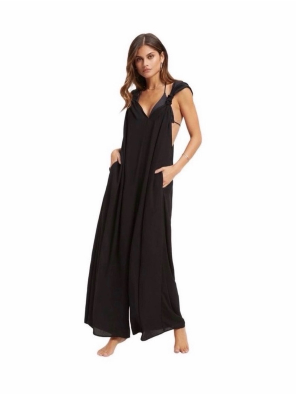 Good American Black Wide-Leg Jumpsuit/ coverup with Knot Shoulder Detail